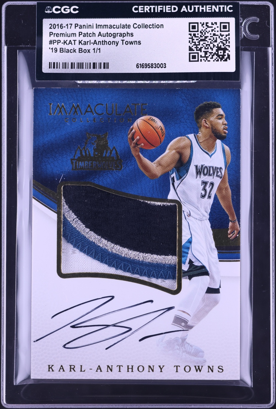2016 Immaculate Collection Premium '19 Black Box Karl-Anthony Towns PATCH AUTO 1/1 CGC AUTH