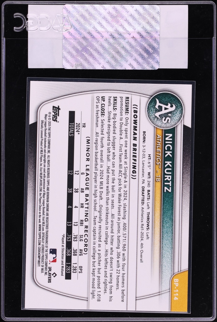 2025 Bowman Nick Kurtz PROSPECT #BP-114 CGC AUTH