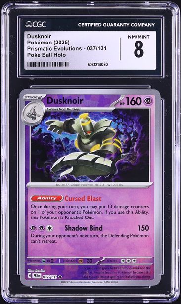 2025 Pokemon Prismatic Evolutions Poke Ball Holo Dusknoir #037 CGC 8 NM