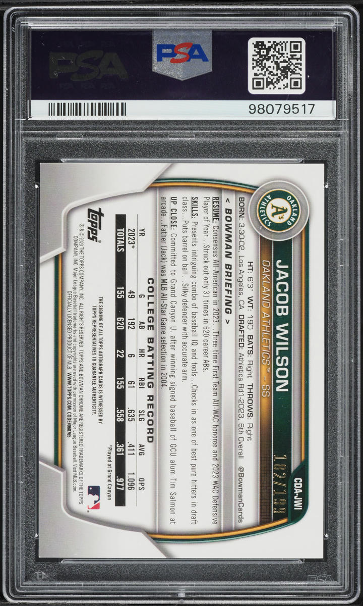 2023 Bowman Chrome Aqua Lava Jacob Wilson PROSPECT AUTO /199 #CDAJWI PSA 10 GEM MINT