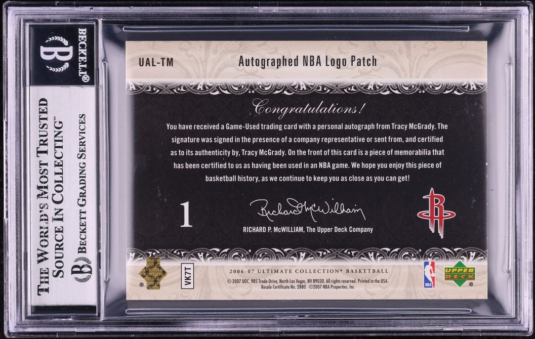2006 Ultimate Collection Tracy McGrady NBA LOGOMAN PATCH AUTO 1/1 BGS 8.5 NM-MT+