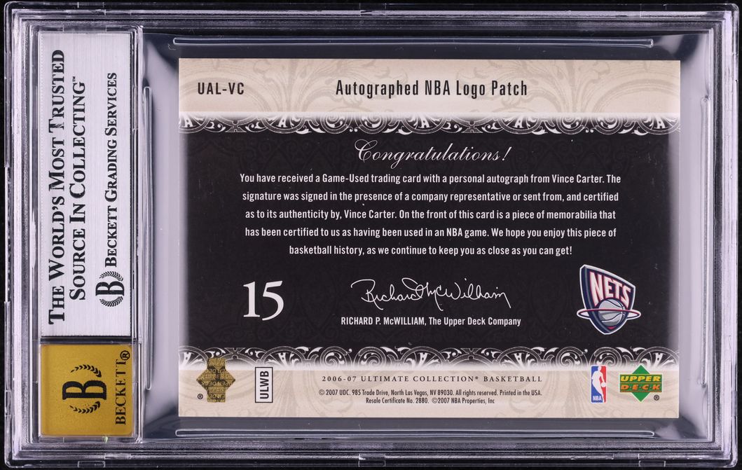 2006 Ultimate Collection Vince Carter NBA LOGOMAN PATCH AUTO 1/1 #UAL-VC BGS 8