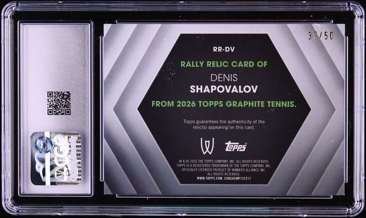2026 Topps Graphite Rally Blue Refractor Denis Shapovalov PATCH #RR-DV CGC 10 GEM MINT