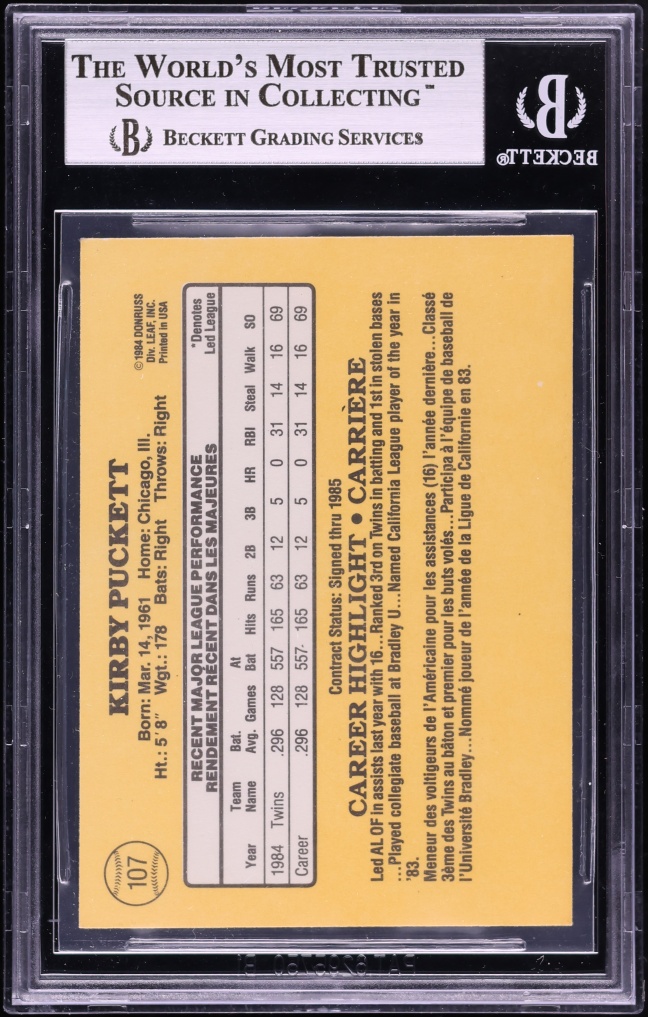 1985 Donruss Leaf Kirby Puckett ROOKIE #107 BGS 8.5 NM-MT+