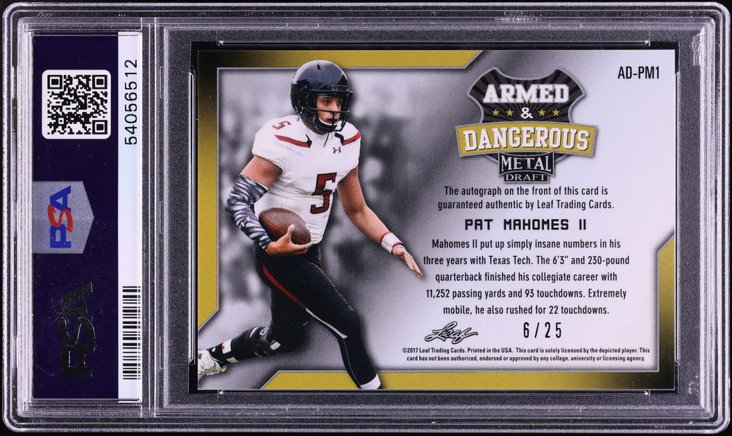 2017 Leaf Metal Draft Armed & Dangerous Purple Prismatic Patrick Mahomes II RC AUTO /25 PSA 10