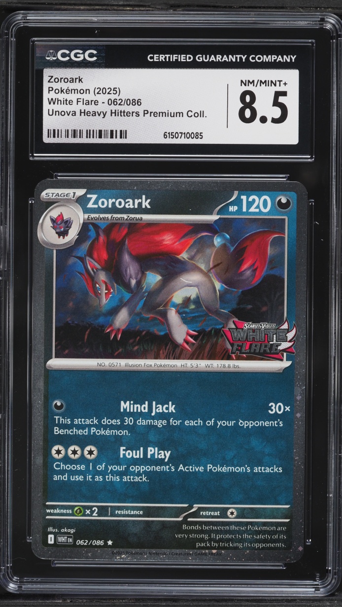 2025 Pokemon Scarlet & Violet White Flare Unova Heavy Hitters Premium Zoroark #62 CGC 8.5