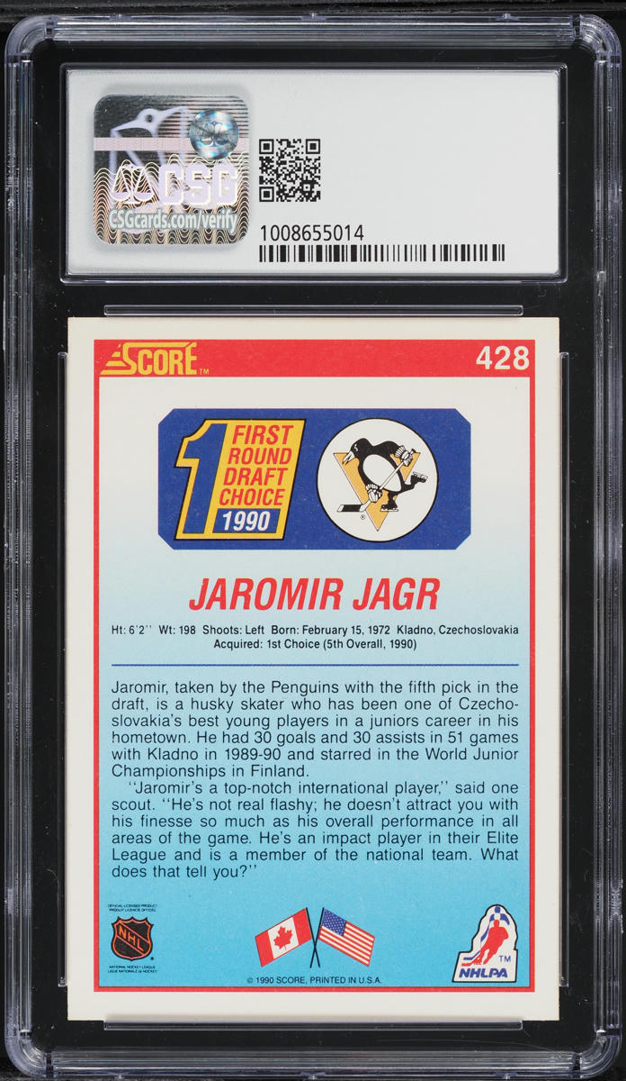 1990 Score Hockey Jaromir Jagr ROOKIE #428 CSG 8.5 NM-MT+