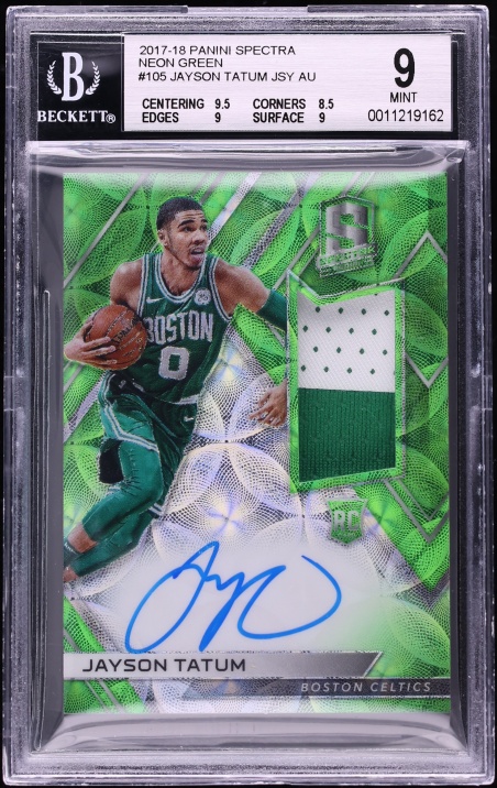 2017 Panini Spectra Neon Green Jayson Tatum ROOKIE PATCH AUTO /49 #105 BGS 9 MINT