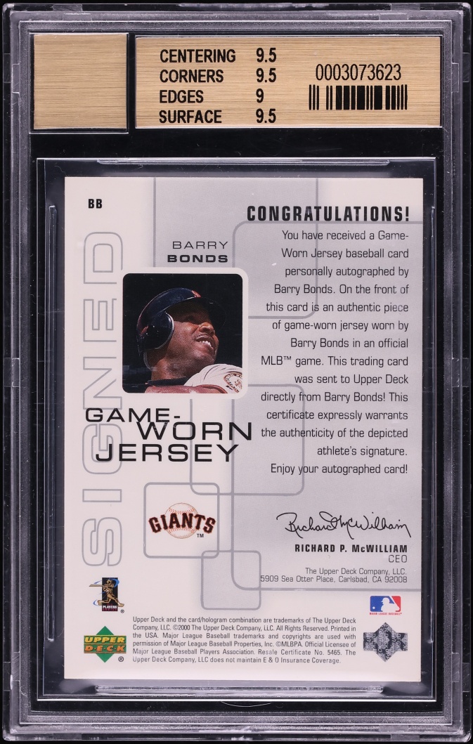 2000 Upper Deck Pros & Prospects Game Worn Jersey Barry Bonds PATCH AUTO #BB BGS 9.5 GEM MINT - Photo 2
