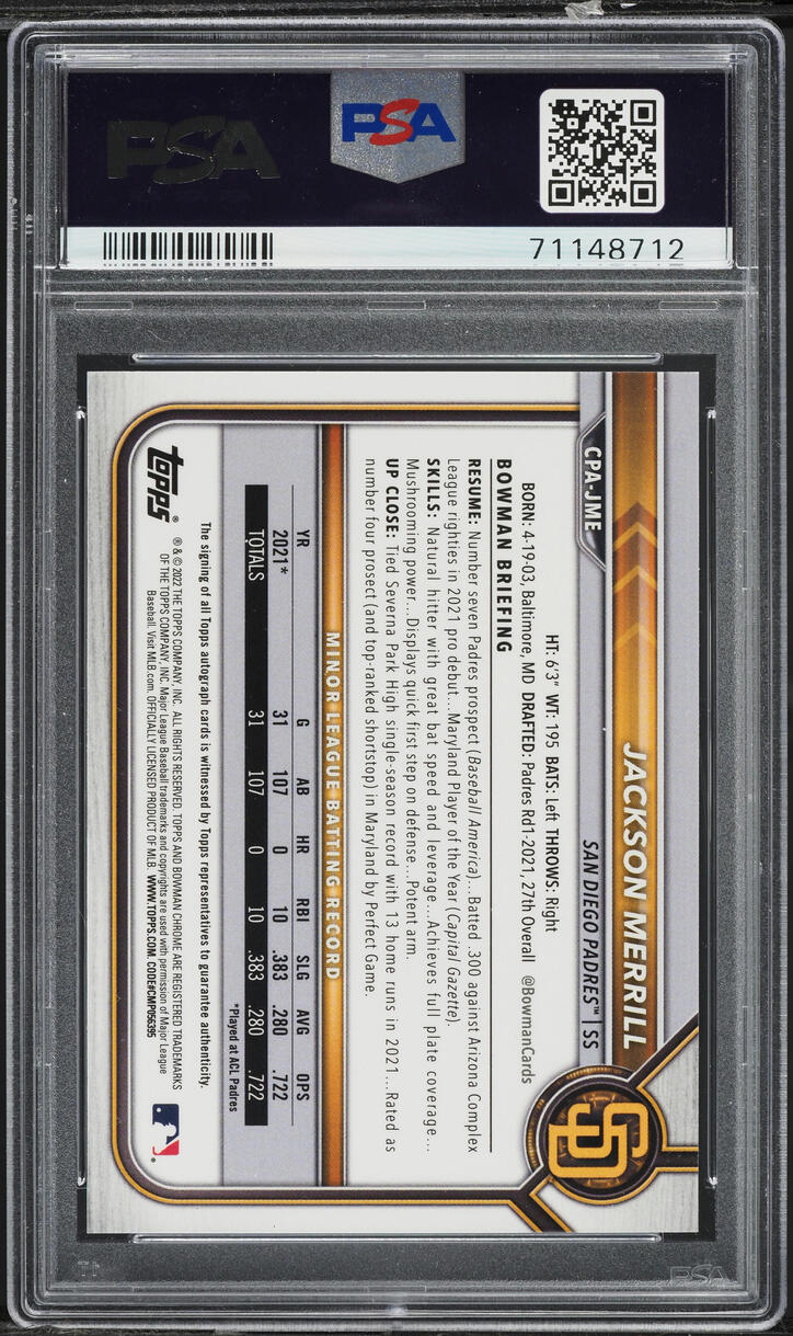 2022 Bowman Chrome Green Atomic Ref Jackson Merrill PROSPECT AUTO /99 PSA 10 GEM