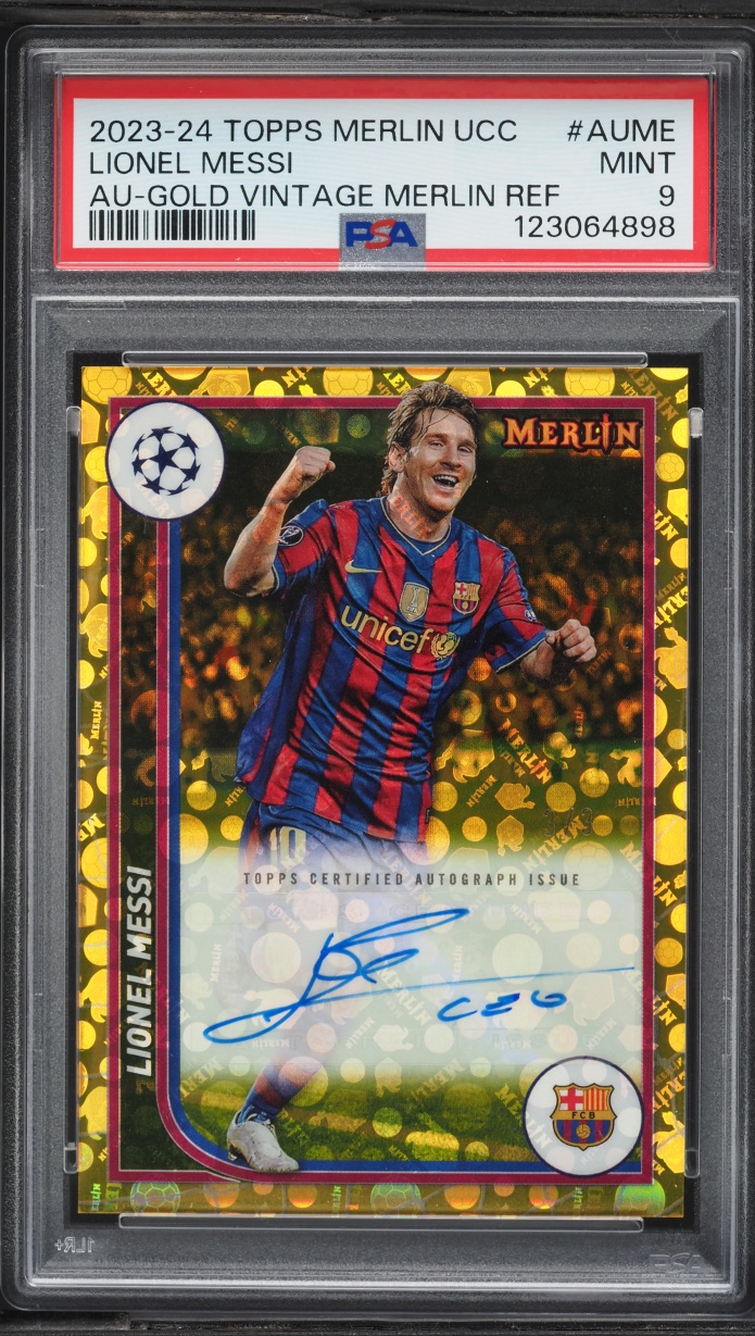 2023 Topps Merlin UEFA Gold Vintage Refractor Lionel Messi AUTO 3/3 #AUME PSA 9 MINT