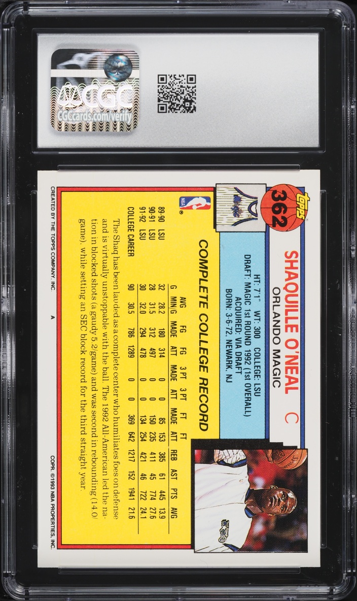 1992 Topps Basketball Shaquille O'Neal ROOKIE #362 CGC 9 MINT