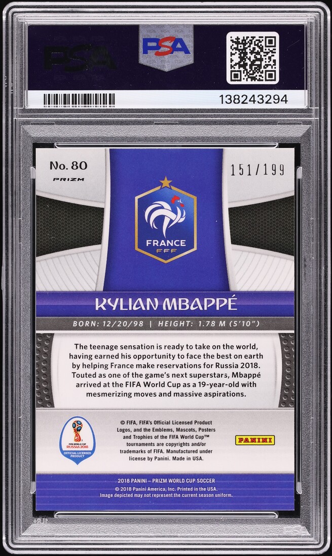2018 Panini Prizm World Cup Blue Kylian Mbappe ROOKIE /199 #80 PSA 10 GEM MINT - Photo 2