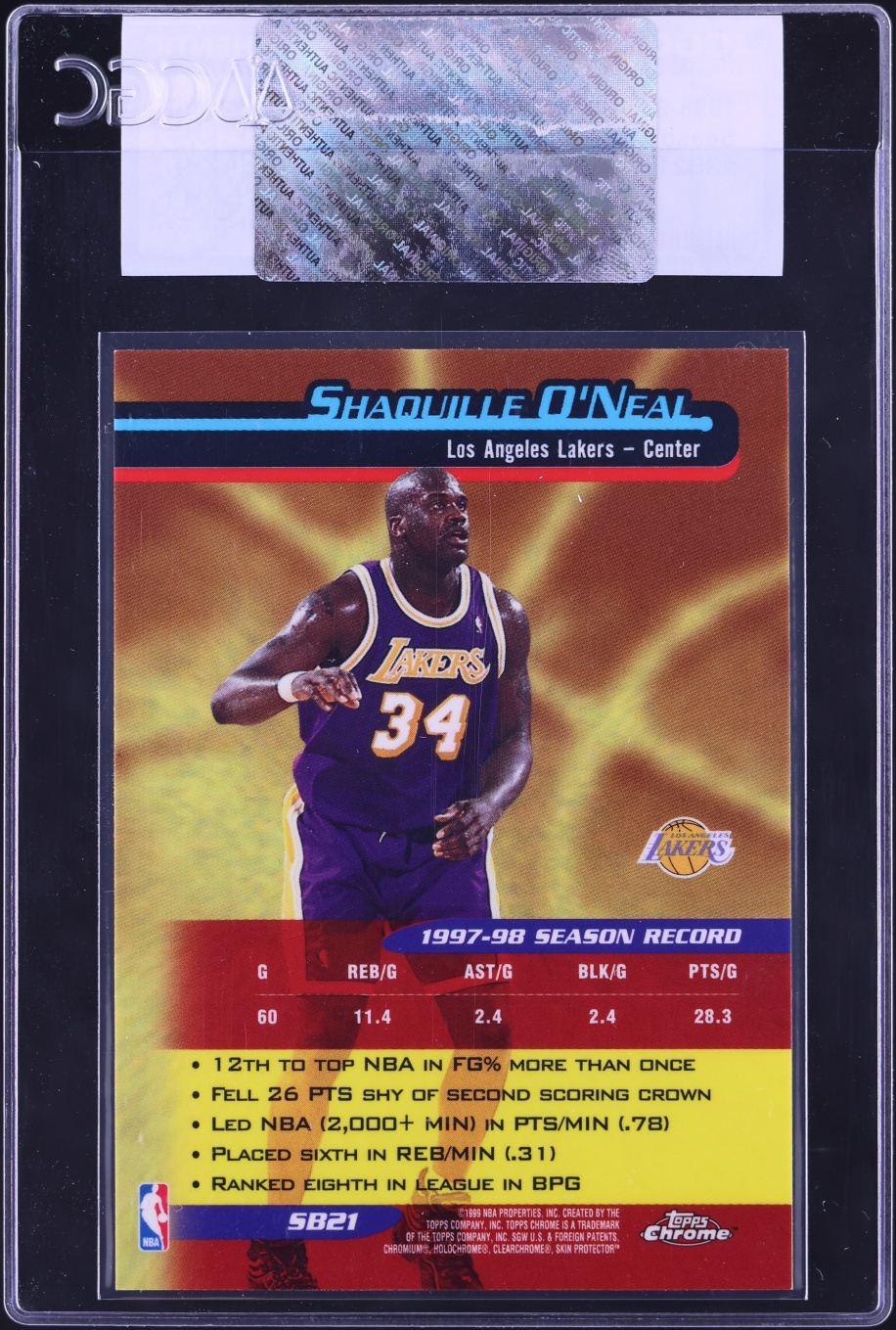1998 Topps Chrome Season's Best Shaquille O'Neal #SB21 CGC AUTH