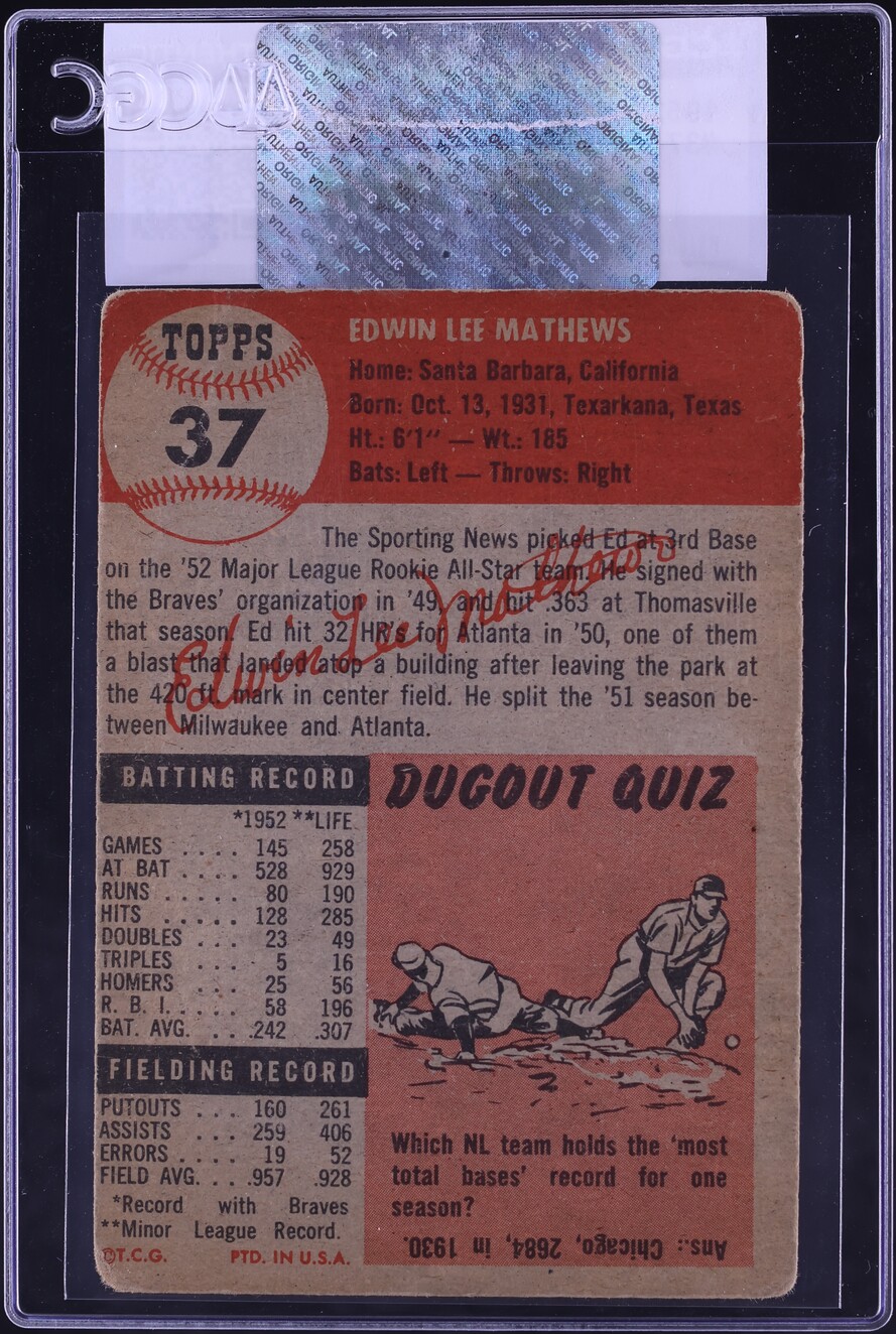 1953 Topps Eddie Mathews #37 CGC AUTH