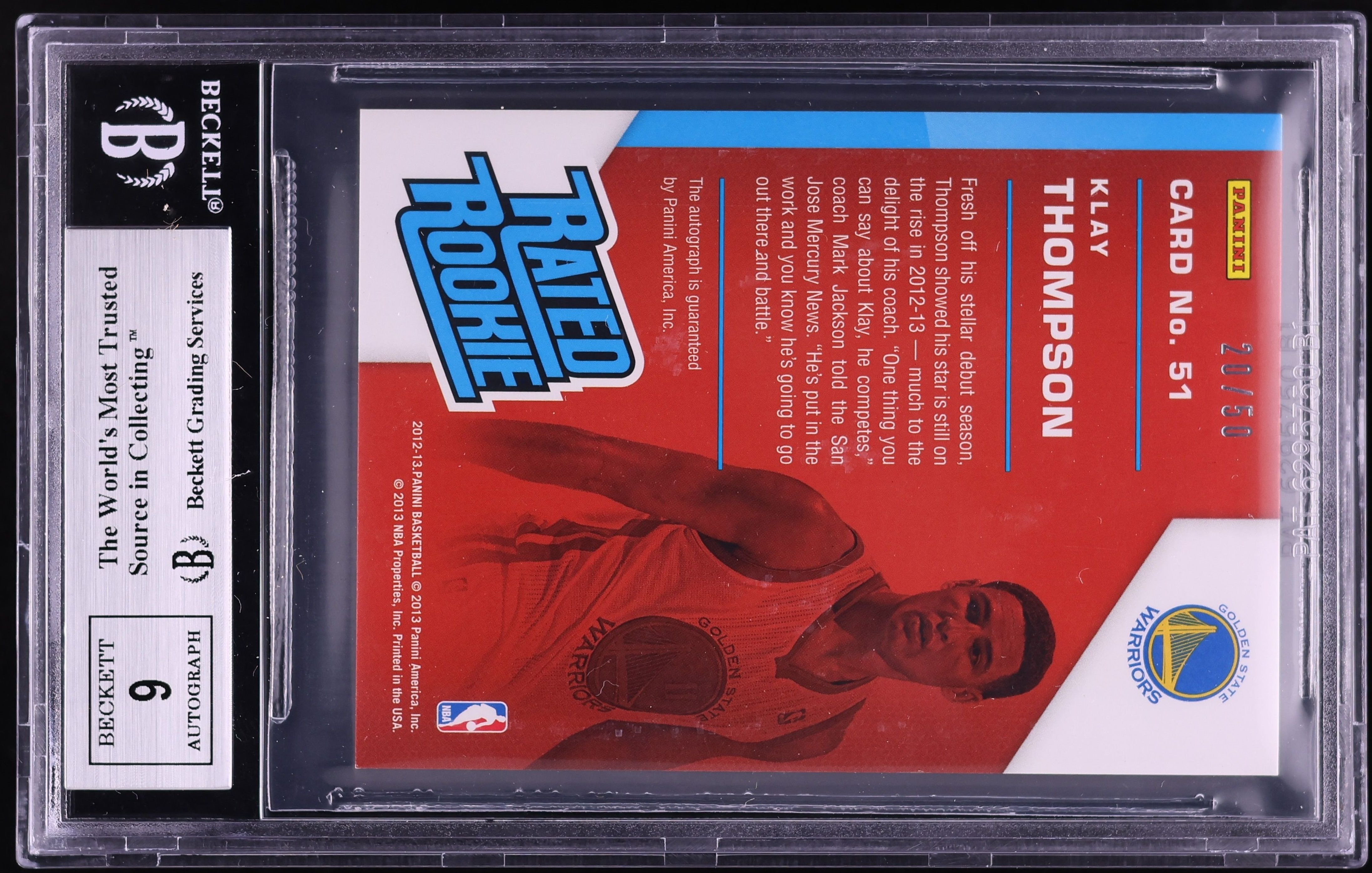 2012 Panini Rated Klay Thompson ROOKIE AUTO /50 #51 BGS 9