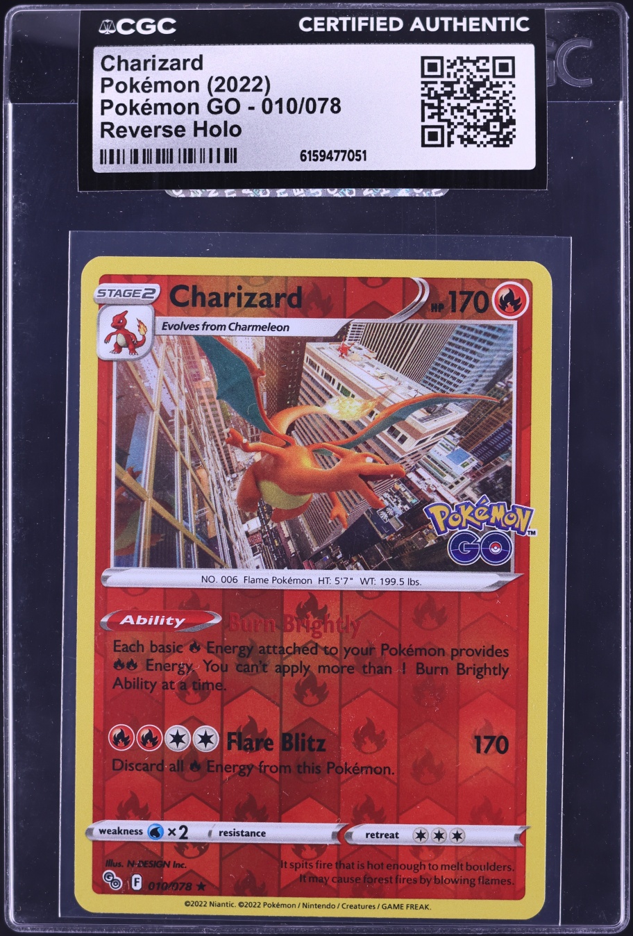 2022 Pokemon Sword & Shield Pokemon GO Reverse Holo Charizard #10 CGC AUTH