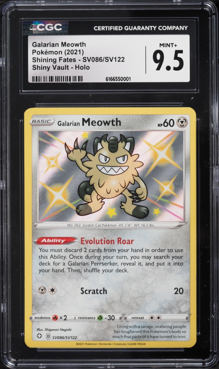 2021 Pokemon Sword & Shield Shining Fates Shiny Vault Holo Galarian Meowth #SV086 CGC 9.5 MINT+