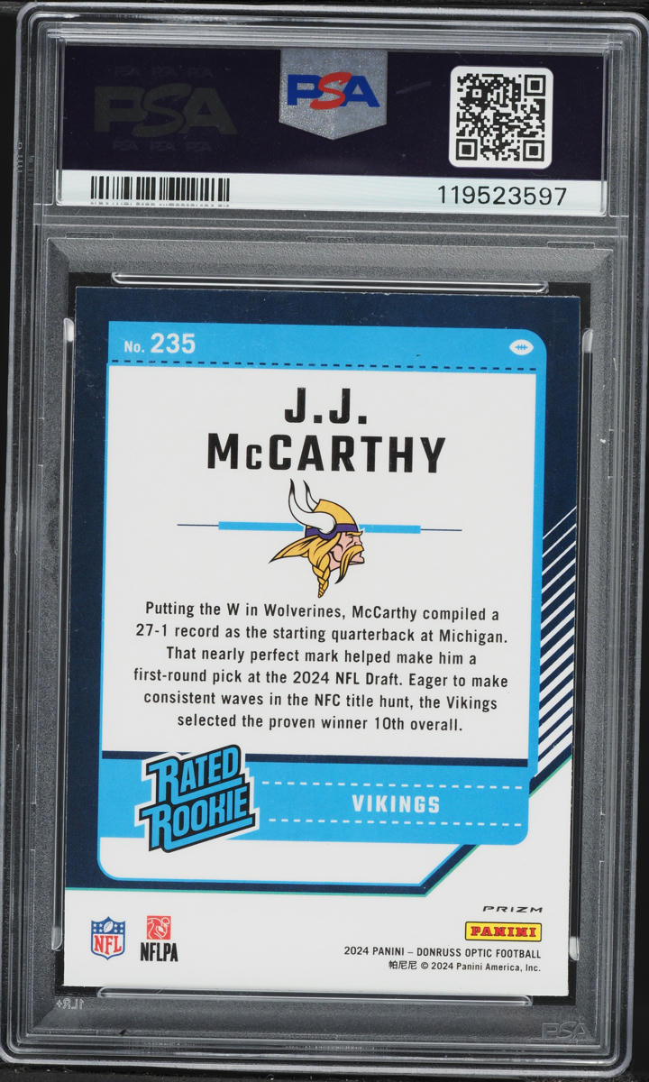 2024 Donruss Optic Purple Shock JJ McCarthy ROOKIE #235 PSA 10 GEM MINT