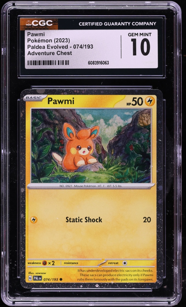 2023 Pokemon Scarlet & Violet Paldea Evolved Adventure Chest Pawmi #74 CGC 10 GEM MINT
