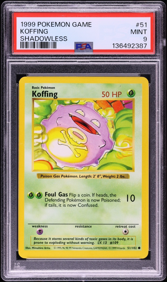 1999 Pokemon Base Set Shadowless Koffing #51 PSA 9 MINT