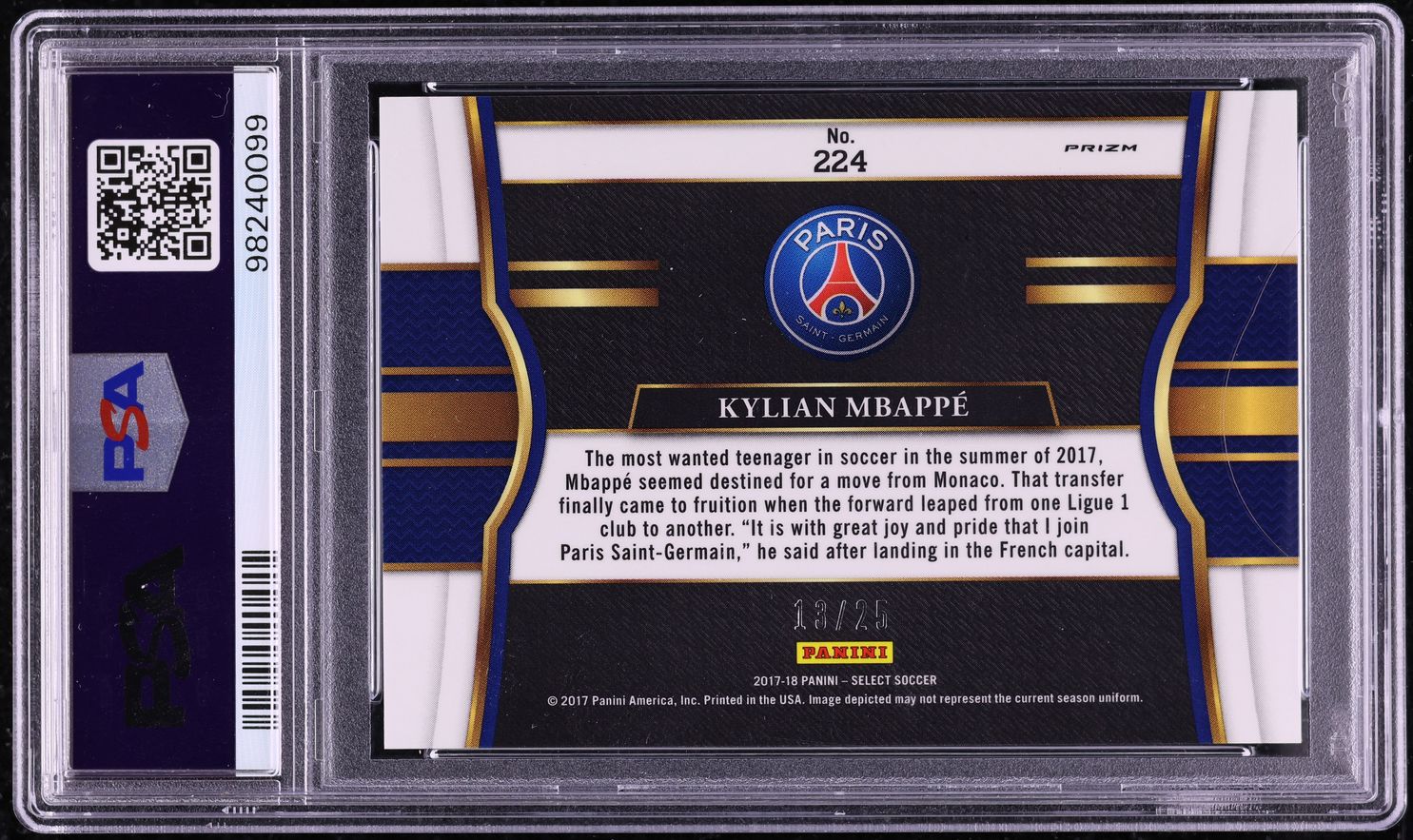 2017 Select Field Level Zebra Prizm Kylian Mbappe ROOKIE /25 #224 PSA 9 MINT