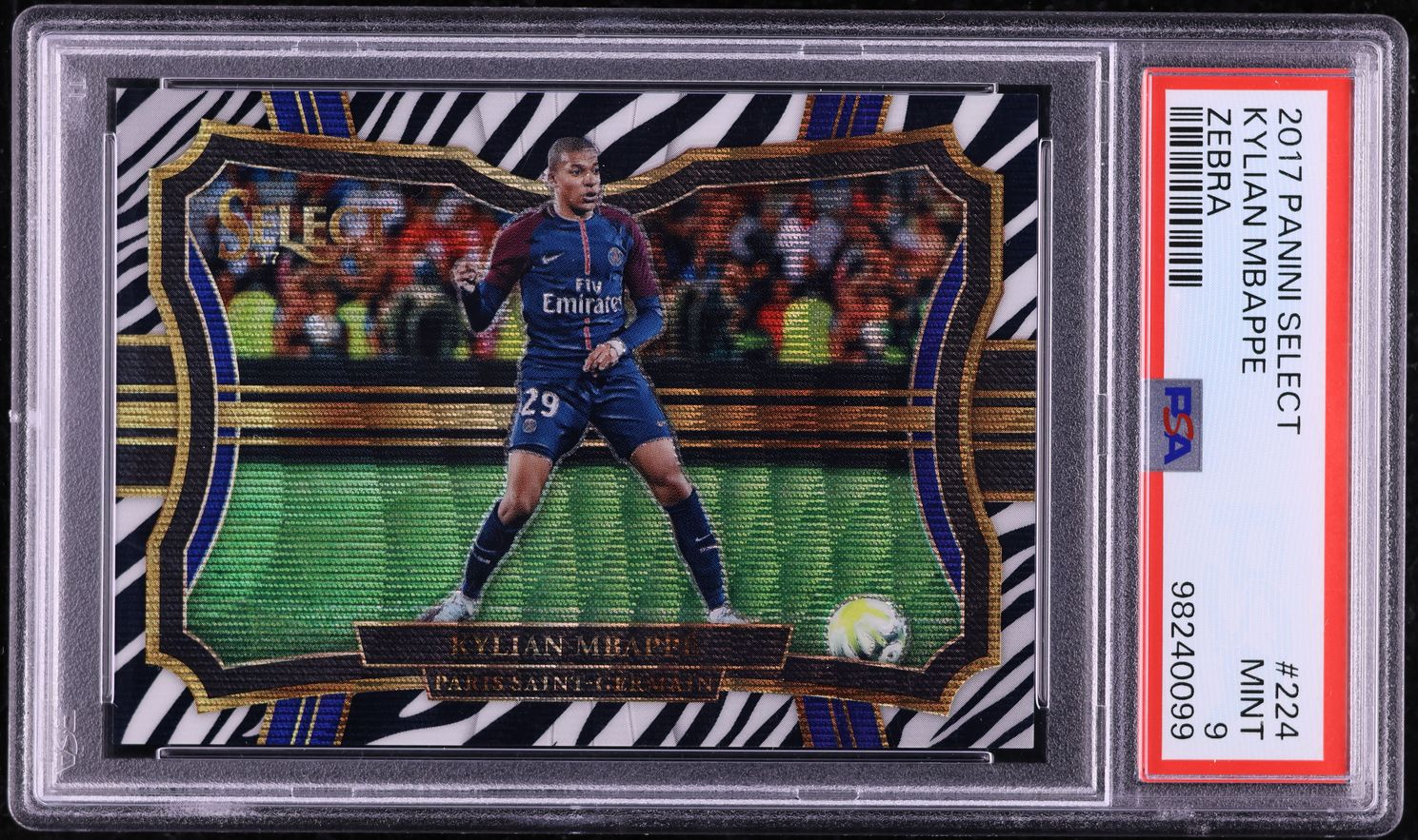 2017 Select Field Level Zebra Prizm Kylian Mbappe ROOKIE /25 #224 PSA 9 MINT