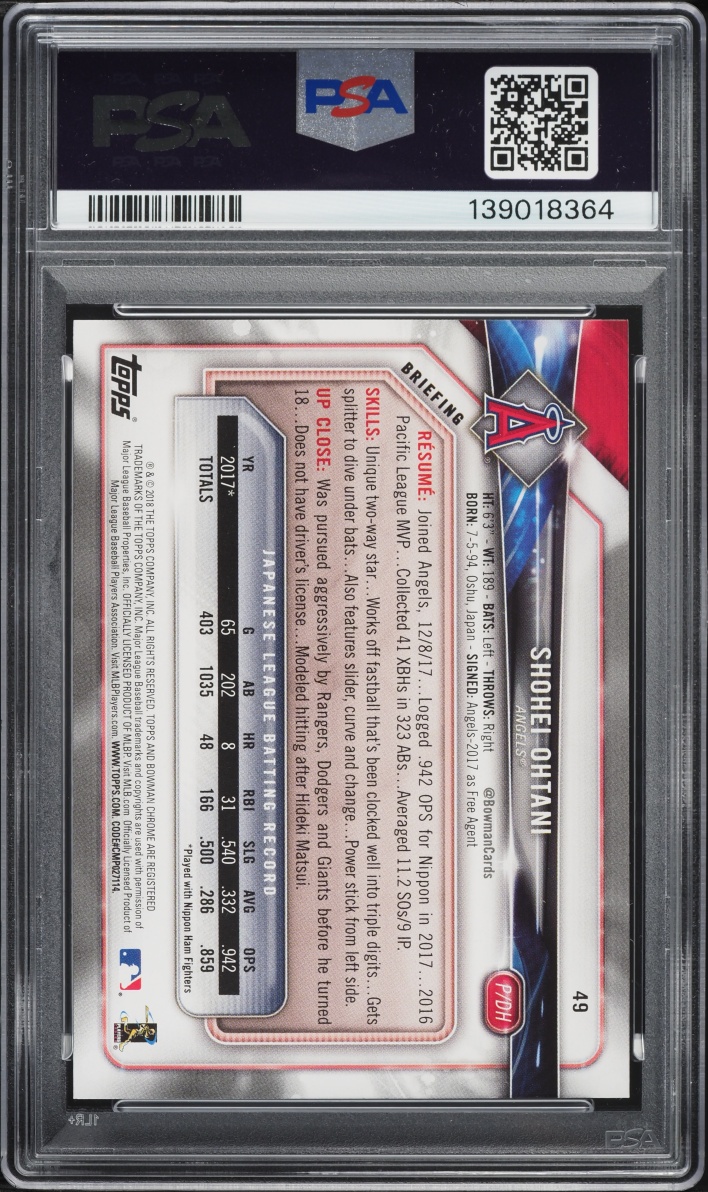 2018 Bowman Shohei Ohtani ROOKIE #49 PSA 10 GEM MINT