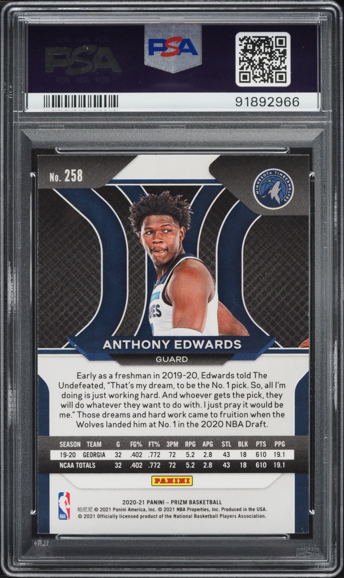2020 Panini Prizm Anthony Edwards ROOKIE #258 PSA 10 GEM MINT