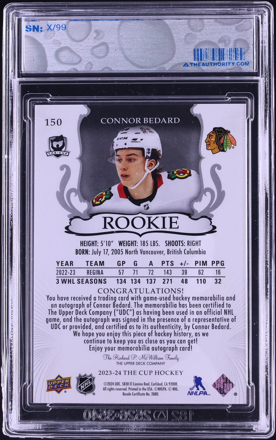 2023 Upper Deck The Cup Connor Bedard ROOKIE PATCH AUTO /99 #150