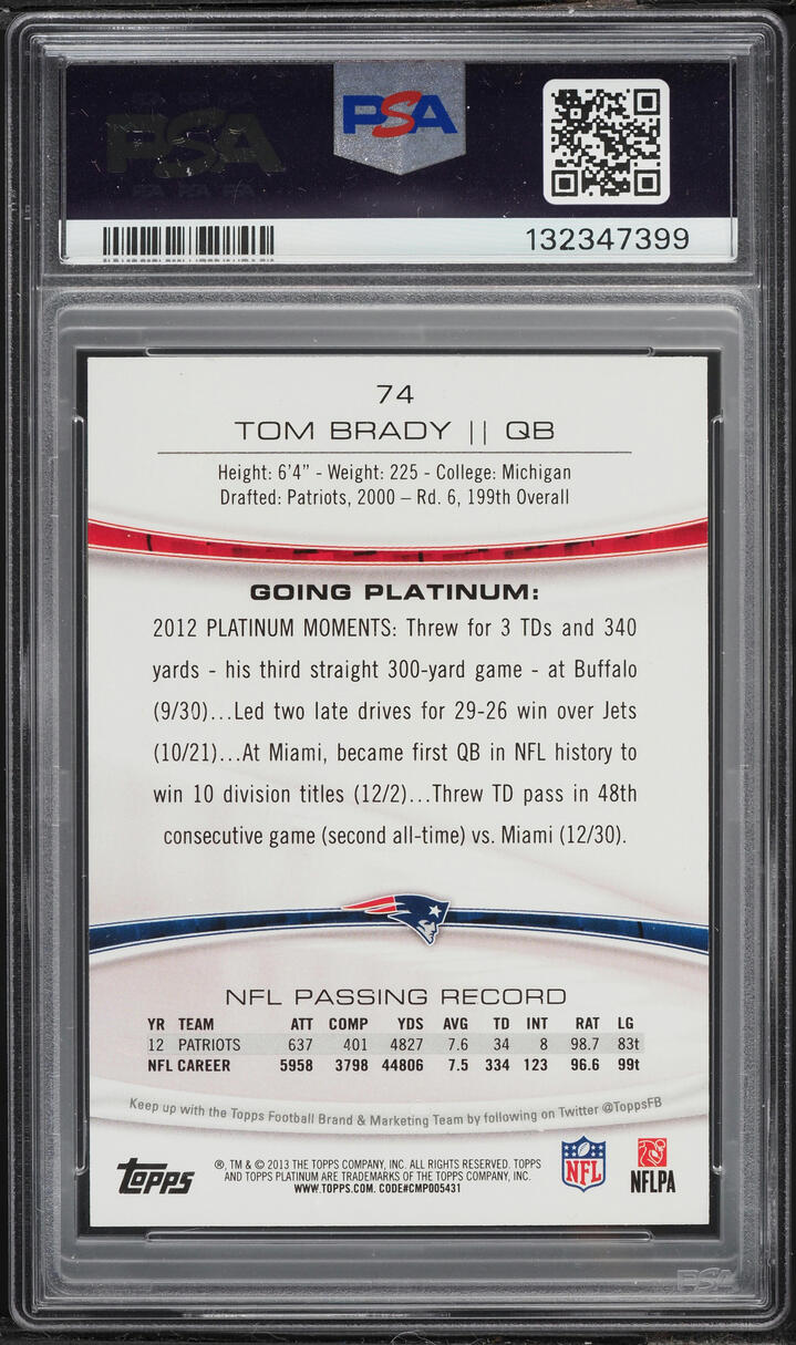 2013 Topps Platinum Sapphire Tom Brady #74 PSA 9 MINT