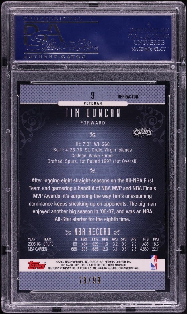 2006 Finest Black Refractor Tim Duncan /99 #9 PSA 10 GEM MINT - Photo 2