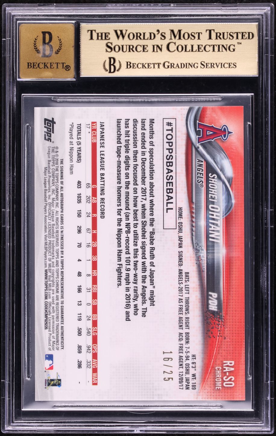 2018 Topps Chrome Orange Refractor Shohei Ohtani ROOKIE AUTO /25 BGS 9.5 GEM