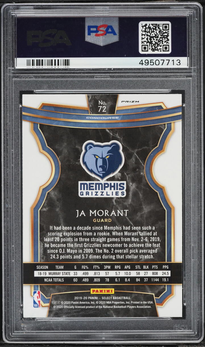 2019 Select Concourse Tri-Color Prizm Ja Morant ROOKIE #72 PSA 10 GEM MINT