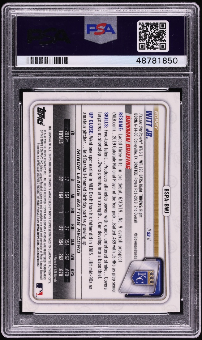 2020 Bowman Chrome Sapphire Edition Orange Bobby Witt Jr. PROSPECT AUTO /25 PSA 9 MINT