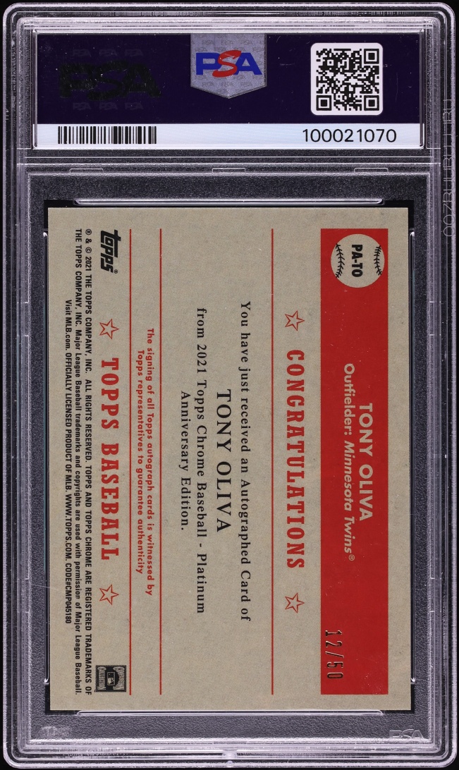 2021 Topps Chrome Platinum Anniversary Gold Refractor Tony Oliva AUTO /50 #PA-TO PSA 8 NM-MT
