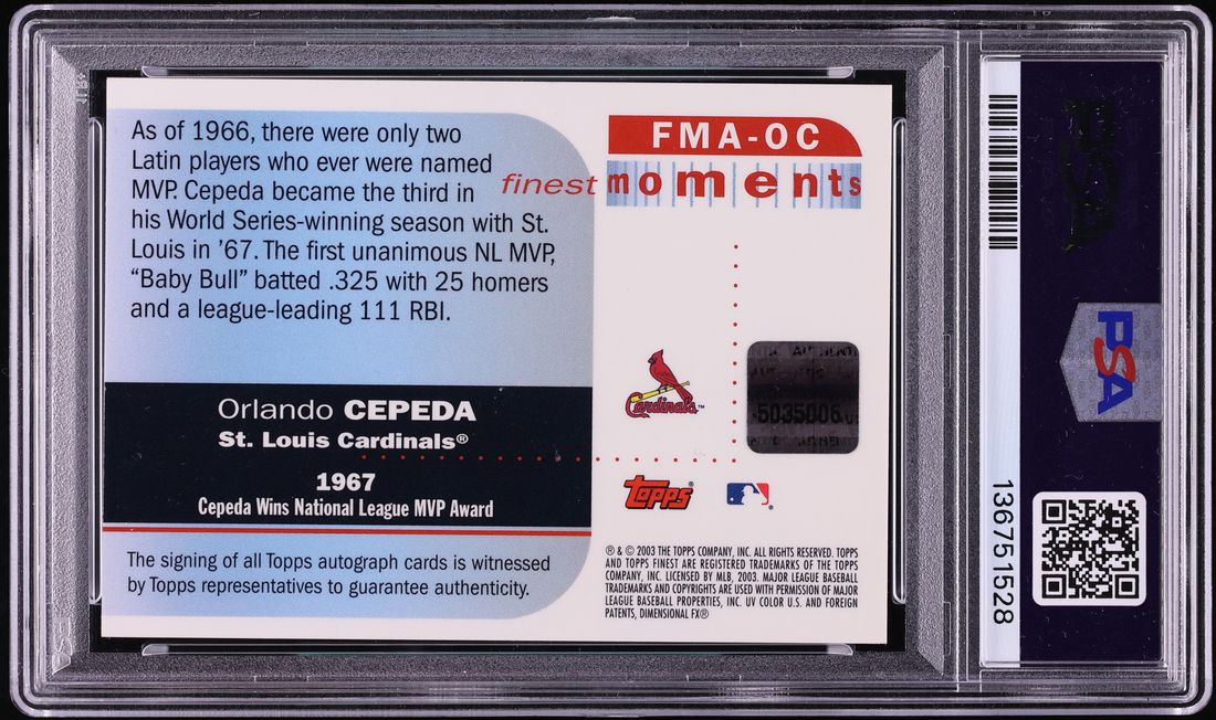 2003 Finest Moments Orlando Cepeda AUTO #FMA-OC PSA 9 MINT