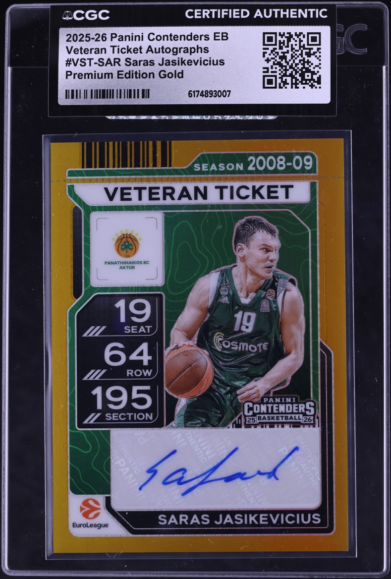 2025 Panini Contenders EB Veteran Ticket Premium Ed. Gold Saras Jasikevicius AUTO /10 CGC AUTH