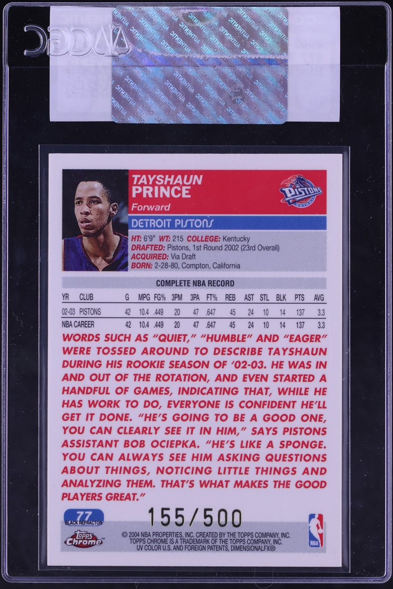 2003 Topps Chrome Black Refractor Tayshaun Prince /500 #77 CGC AUTH