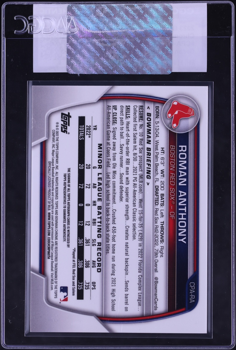 2023 Bowman Chrome Green Refractor Roman Anthony PROSPECT AUTO /99 #CPA-RA CGC AUTH