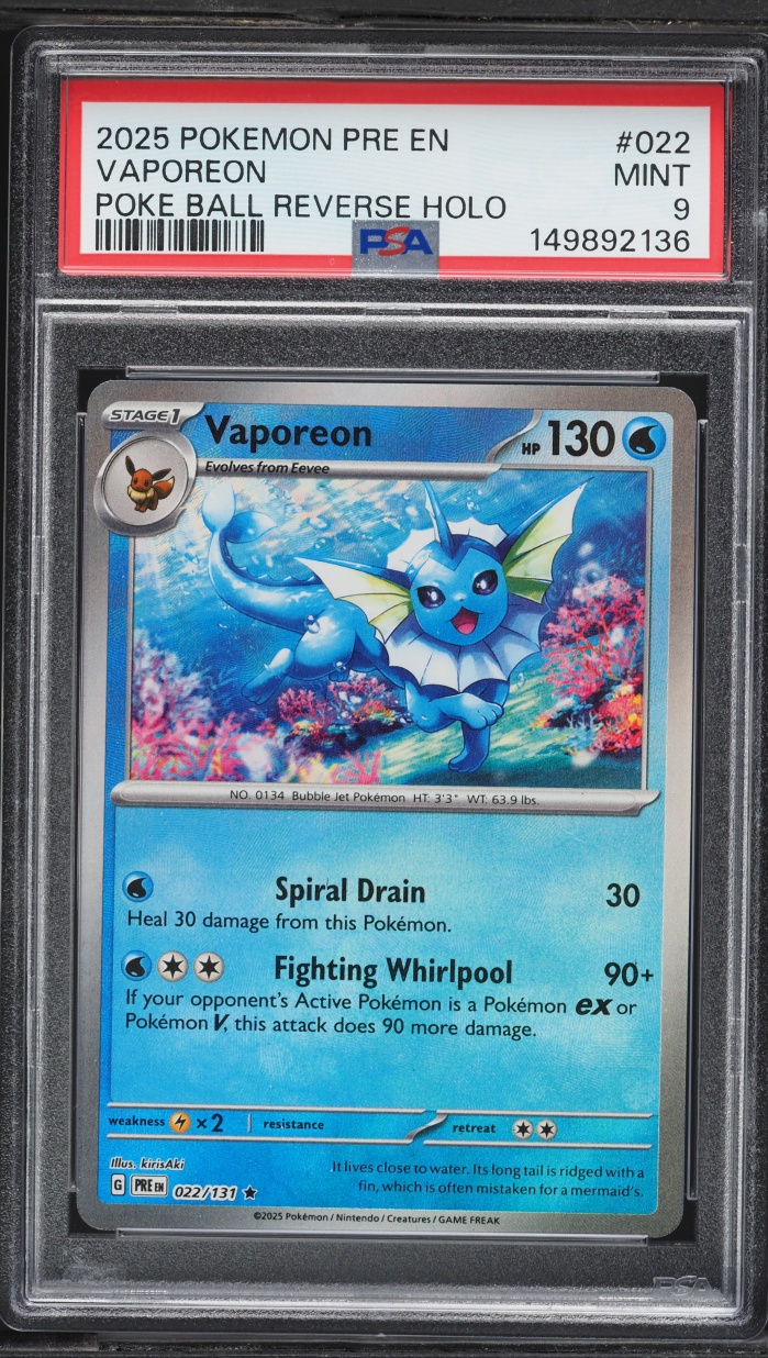 2025 Pokemon Scarlet & Violet Prismatic Evolutions Poke Ball Holo Vaporeon #022 PSA 9 MINT