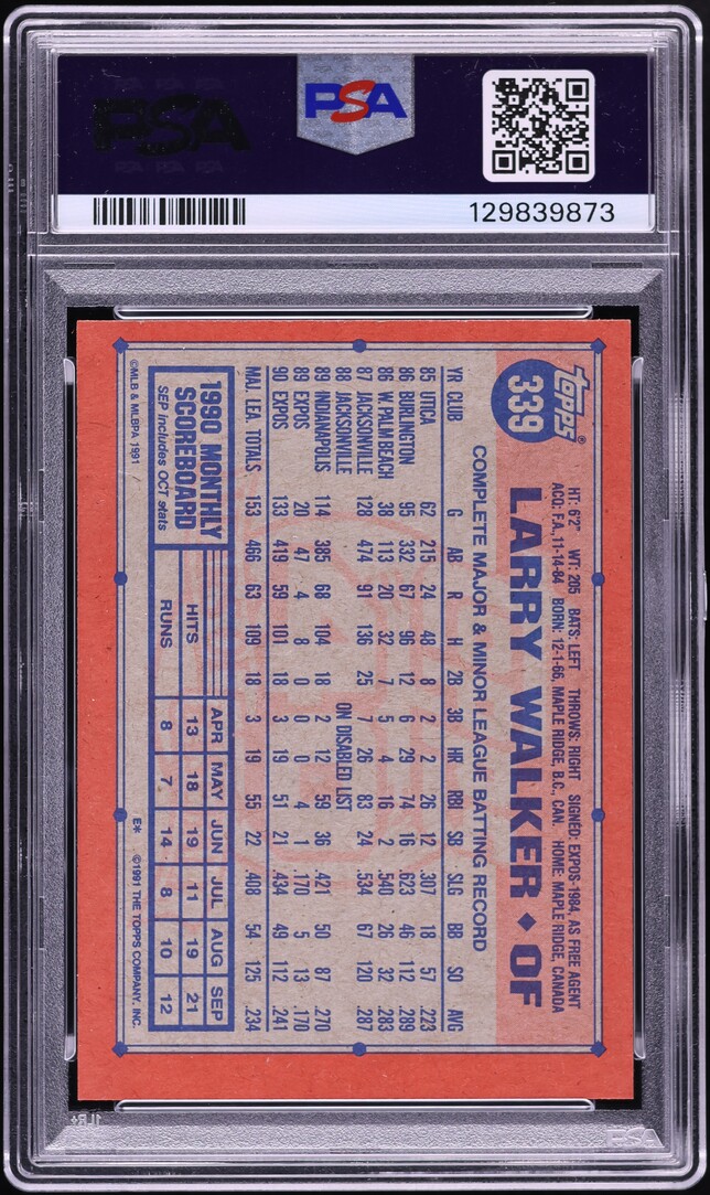 1991 Topps Larry Walker #339 PSA 8 NM-MT