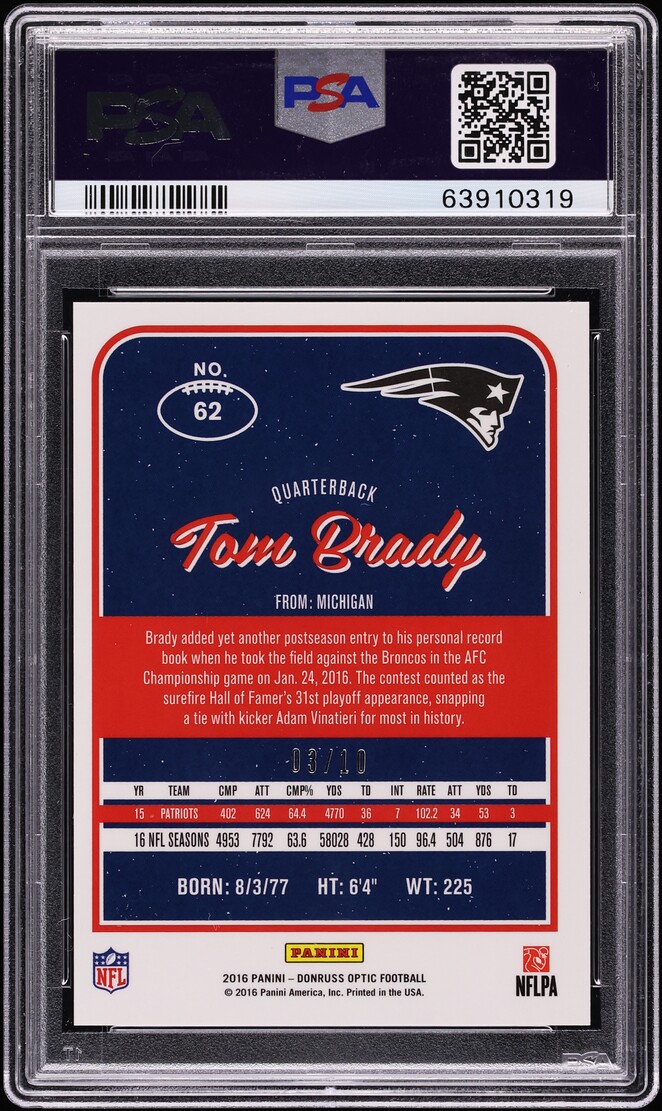 2016 Donruss Optic Gold Tom Brady /10 #62 PSA 8 NM-MT - Photo 2