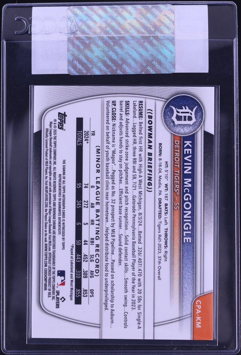 2025 Bowman Chrome Kevin McGonigle PROSPECT AUTO #CPA-KM CGC AUTH