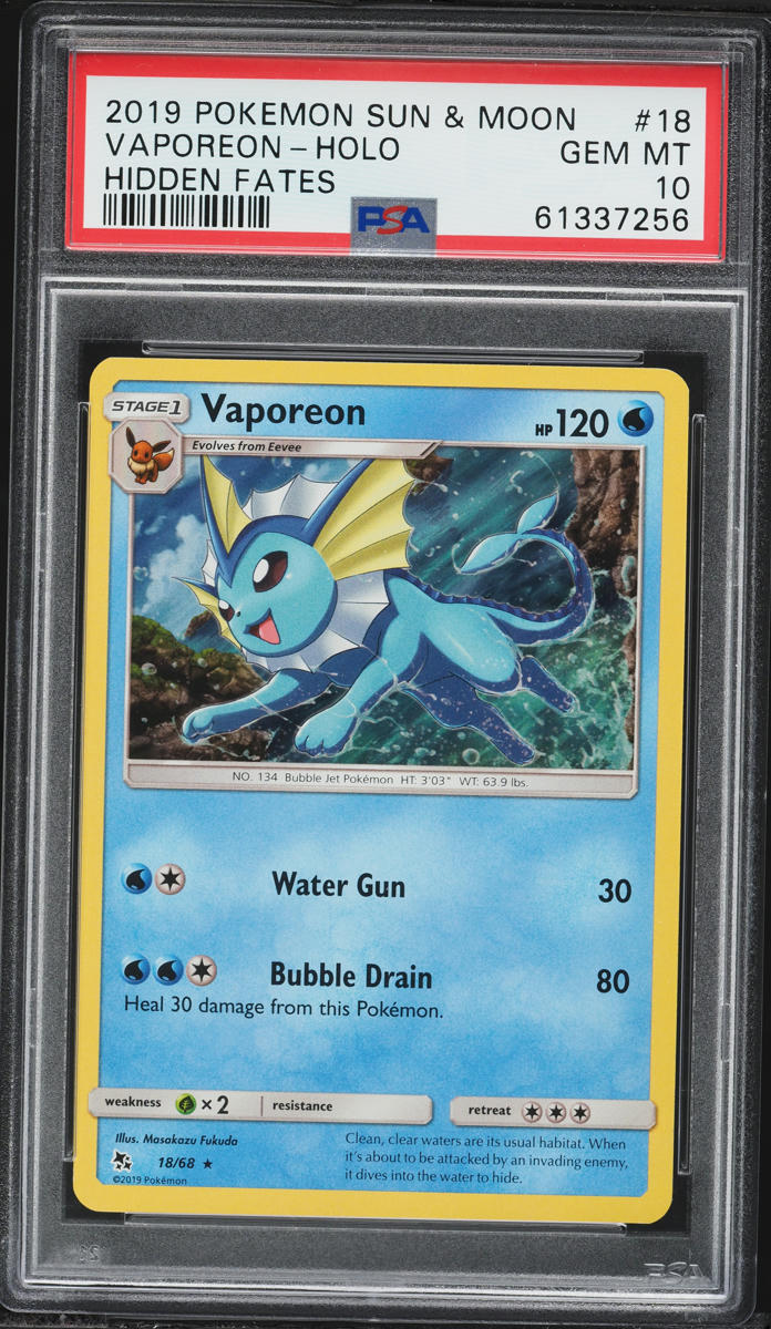 2019 Pokemon Sun & Moon Hidden Fates Holo Vaporeon #18 PSA 10 GEM MINT