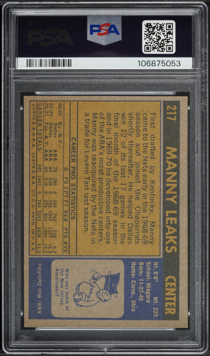 1971 Topps Basketball Manny Leaks #217 PSA 6 EXMT