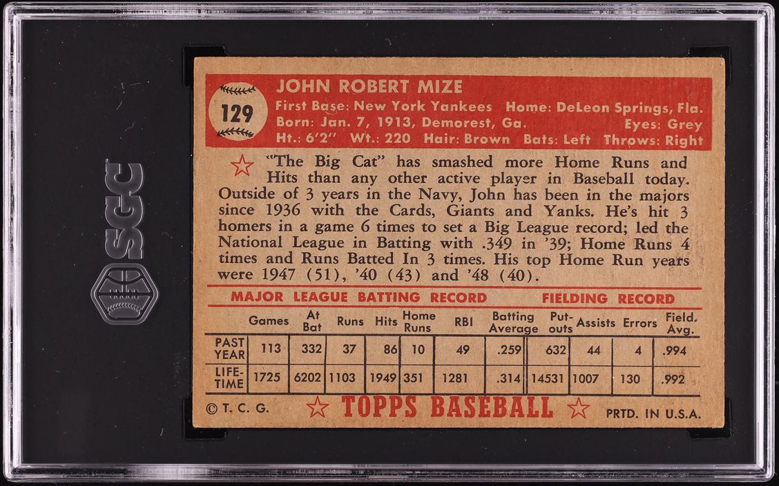 1952 Topps Johnny Mize #129 SGC 4.5 VGEX+