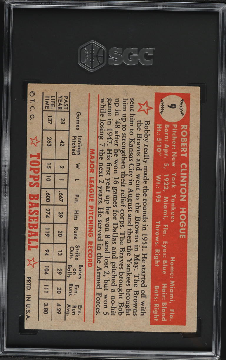 1952 Topps Bobby Hogue #9 SGC 4 VGEX