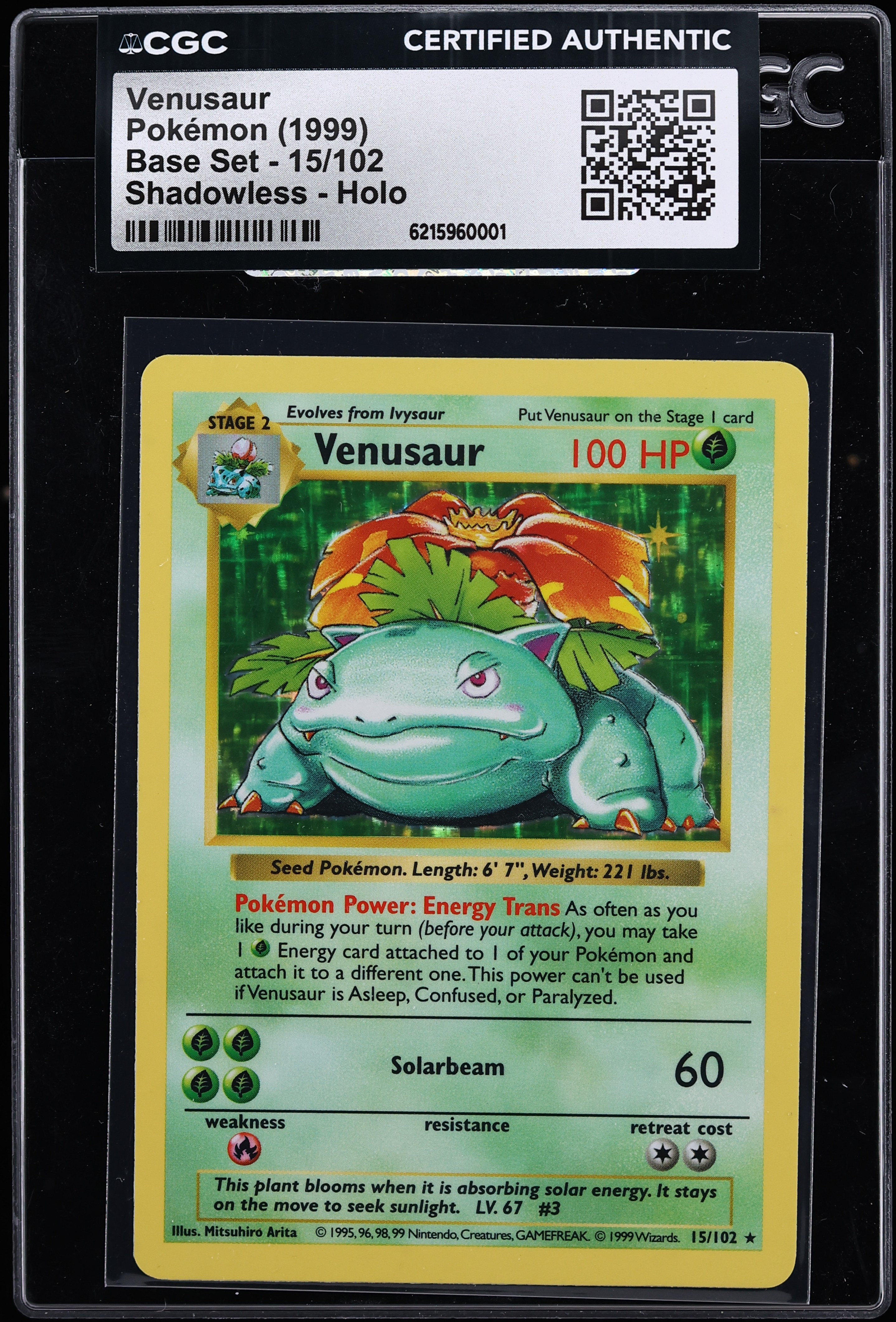 1999 Pokemon Base Set Shadowless Holo Venusaur #15 CGC AUTH