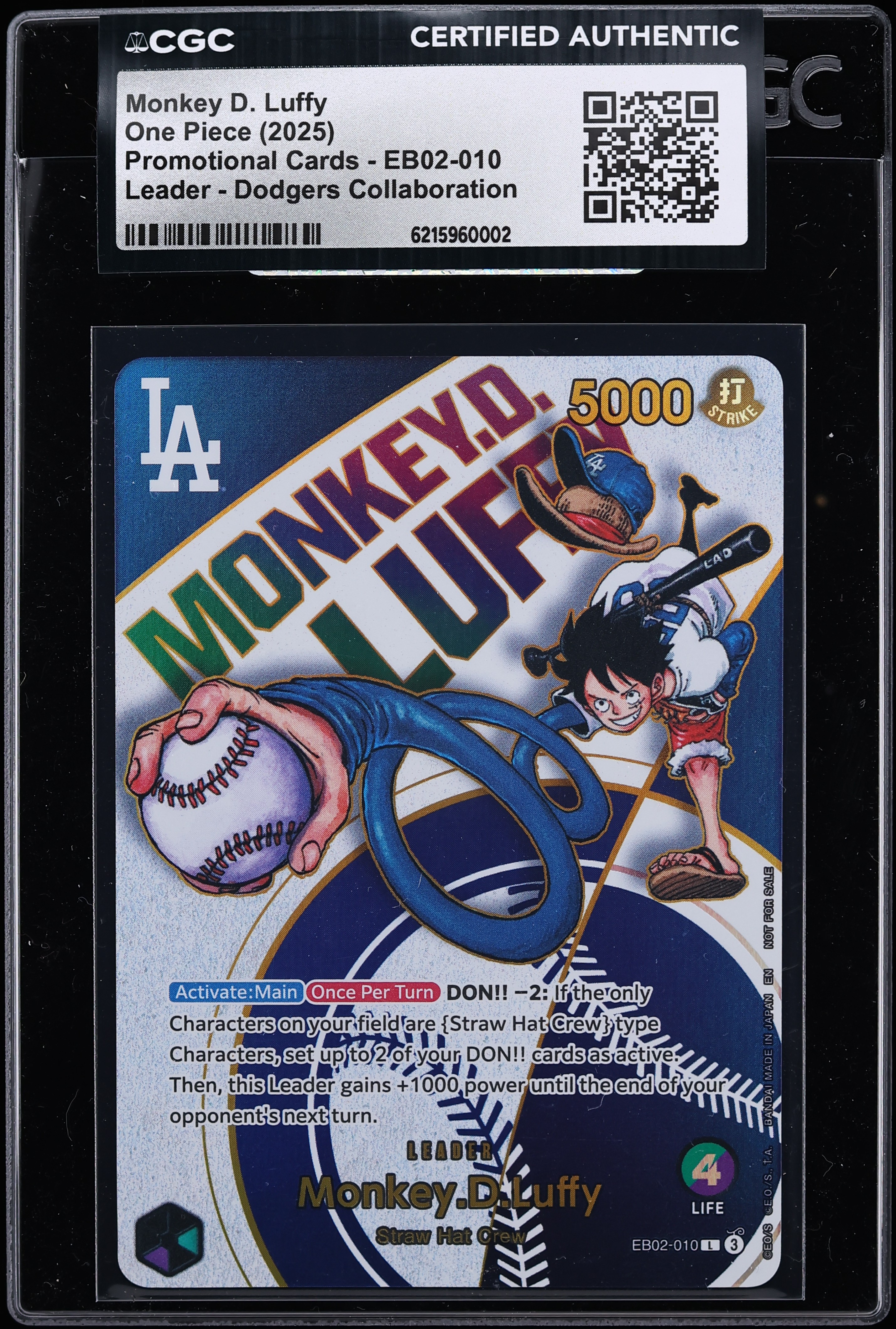 2025 One Piece Promo Dodgers Collaboration Alt Art Leader Monkey D. Luffy #EB02-010 CGC AUTH